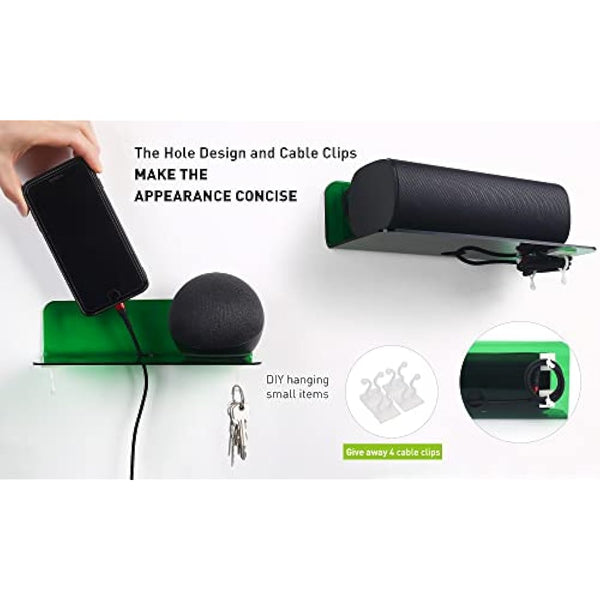 OAPRIRE Acrylic Floating Wall Shelves Set of 2 - Easily Expand Wall Space - Small Shelf for Bathroom, Bedroom, Kitchen, etc - with Cable Clip, Drill-free installation, 9 Inch - Emerald Green