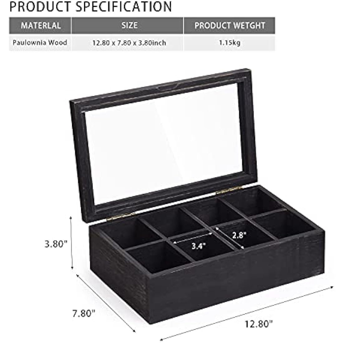 Alsonerbay Tea Box Organiser, Wooden Kitchen Tea Bag Storage Box for Organizing Spice Pouches and Sugar Packets with 8 Compartments and Clear Glass Cover Weathered Black