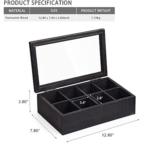 Alsonerbay Tea Box Organiser, Wooden Kitchen Tea Bag Storage Box for Organizing Spice Pouches and Sugar Packets with 8 Compartments and Clear Glass Cover Weathered Black