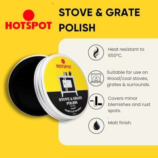 Hotspot Stove and Grate Polish Black – Restores Shine, Protects Cast Iron Surfaces, Easy Application, Heat-Resistant Finish, Ideal for Wood Stoves and Fireplaces -170ml