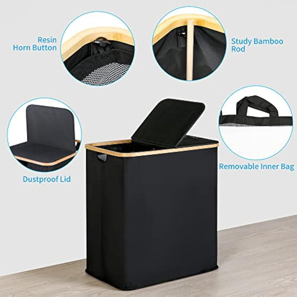 efluky Laundry Basket with Lid 140L 2 Compartments Extra large Washing Baskets for Laundry, Laundry Bin Linen Cloth Basket with 2 Removable Laundry Bags, Black