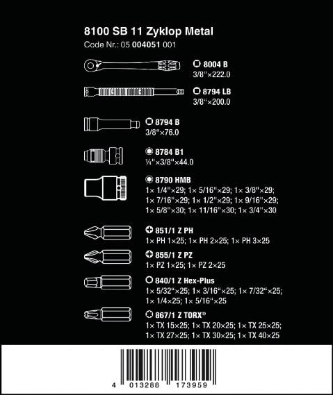 Wera 05004051001 8100 SB 11 Zyklop Metal Ratchet Set with switch lever, 3/8" drive, imperial, 29 pieces, Silver