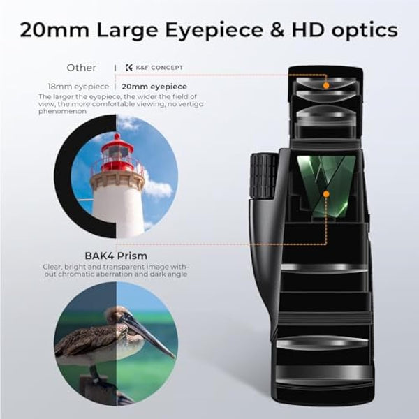 K&F Concept 8-32X50 Zoom Monocular with Cell Phone Holder, Monocular for Adults -BAK4 Prism and FMC Lens - IP66 Waterproof - Great for Birdwatching, Hiking, Hunting, Camping, Traveling, Black