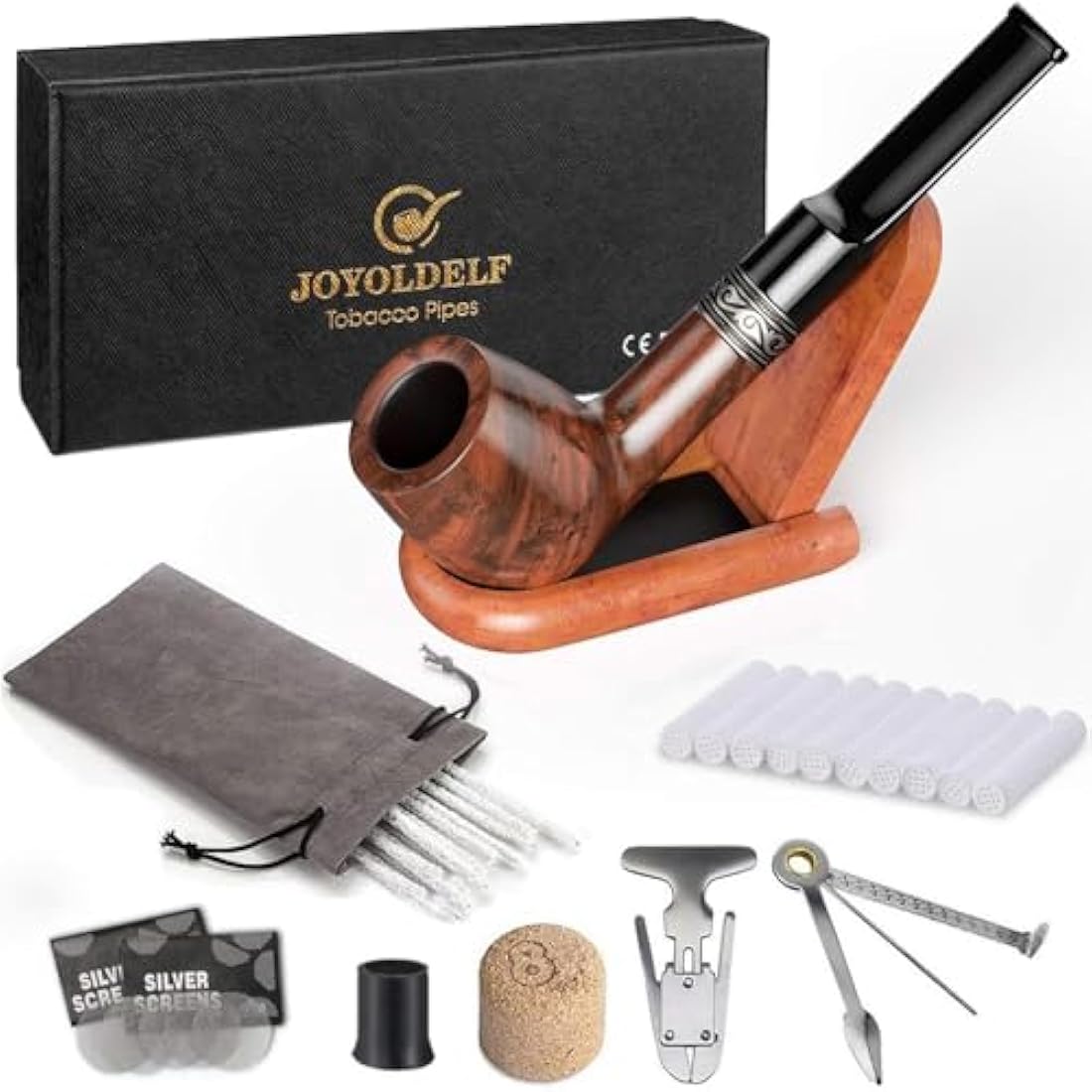 Joyoldelf Tobacco Pipe Straight Smoker, Rosewood Smoking Pipe Set Including Foldable Pipe Stand, 3-in-1 Pipe Scraper, Pipe Filters and Other Pipe Accessories