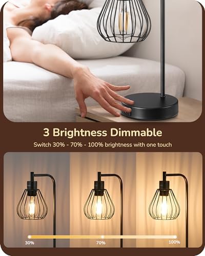 EDISHINE Bedside Lamps Set of 2, Dimmable LED Table Lamp, Teardrop Cage Lampshade, USB Charging Ports, Touch Lamps for Living Room, Bedroom, E27 Socket, Bulb Included, Black