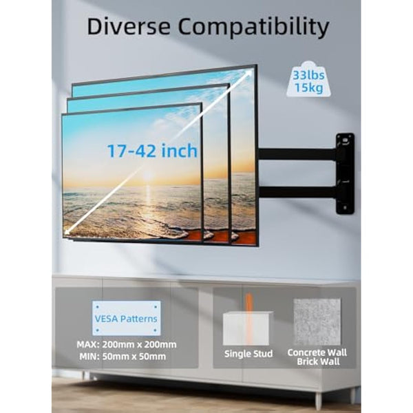 HOME VISION Long Reach TV Wall Bracket for 17-42 Inch Flat/Curved Screen TVs, 360° Rotation 180° Swivel 21.9"/55.6cm Extendable, 33Lbs/15kg Capacity, Max VESA 200x200mm, Monitor Wall Mount