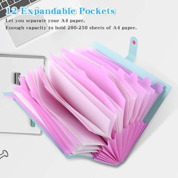 12 Pockets Expanding File Folder, HAISSKY Letter A4 Paper Pockets Accordion Document Organizer[Green & Pink]