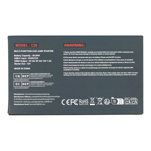 Povasee 4000A UltraSafe Jump Starter Power Pack, 12V Car Battery Booster Jump Starter Power Bank (up to 10L Petrol/8L Diesel), Jump Pack Car Starter with Jump Leads, Emergency LED and 2 USB Ports