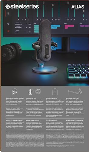SteelSeries Alias USB Mic for PC — 3x Bigger Capsule for Gaming, Streaming and Podcasting — Sonar for Streamers Audio Software — AI Noise Cancelling — LED Mute & Level Monitoring — Shock Mount - Black