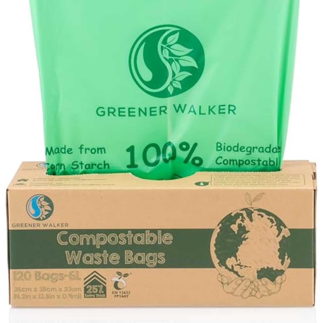 Greener Walker 25% Extra Thick Compost 6L/10L/30L Caddy Bin Liners-120 Bags Biodegradable Kitchen Food Waste Bags(6L)