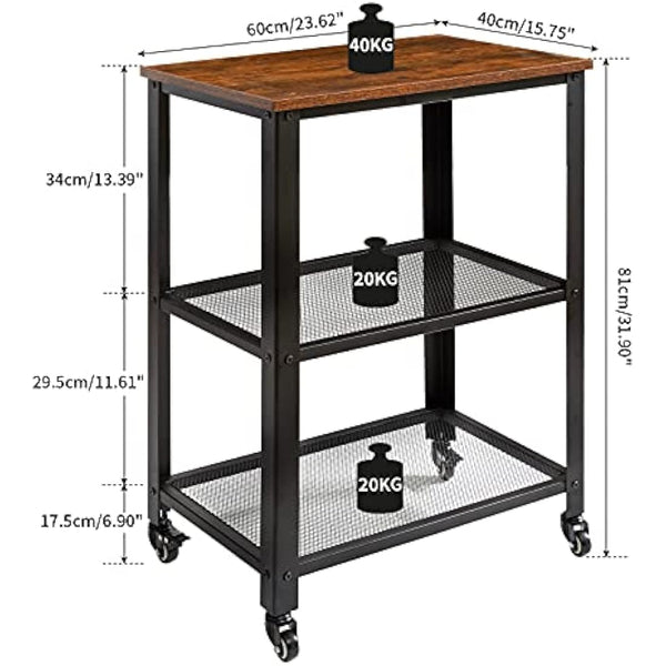 IBUYKE Serving Cart Trolley 60x40x81cm, Industrial Kitchen 3 Levels Shelves, Rolling Utility Cart with 4 Wheels, Heavy Duty Storage Organiser for Kitchen living room TMJ011H