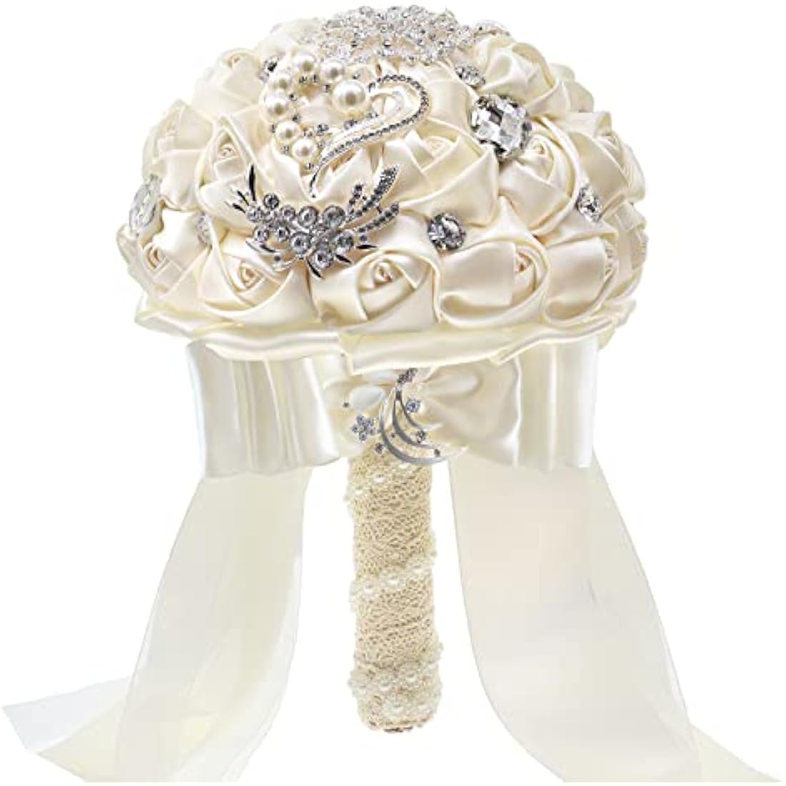 Fouriding Hand Made Diamond Pearl Satin Roses Bridesmaid Bridal Artificial Bouquets Customization Bride Holding Bouquet Wedding for Photo Shooting, Valentine's Day, Birthday,Creystal Creamy White
