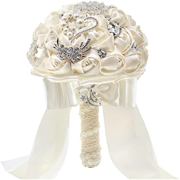 Fouriding Hand Made Diamond Pearl Satin Roses Bridesmaid Bridal Artificial Bouquets Customization Bride Holding Bouquet Wedding for Photo Shooting, Valentine's Day, Birthday,Creystal Creamy White