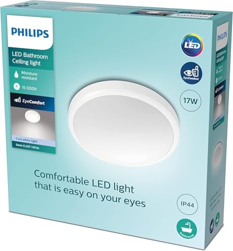 Philips LED Doris Bathroom Ceiling Light 4000K 17W IP44 [Cool White - White] for Indoor Lighting, Bathroom and Kitchen