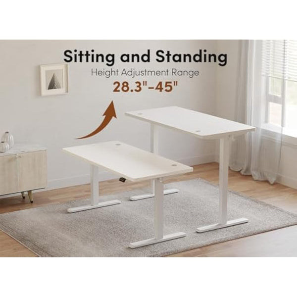 FEZIBO Electric Height Adjustable Standing Desk, 60x140cm Ergonomic Home Office Table with Splice Board & White Wood Grain Surface, Upgraded Stable Steel Frame for Sit-Stand Workstation
