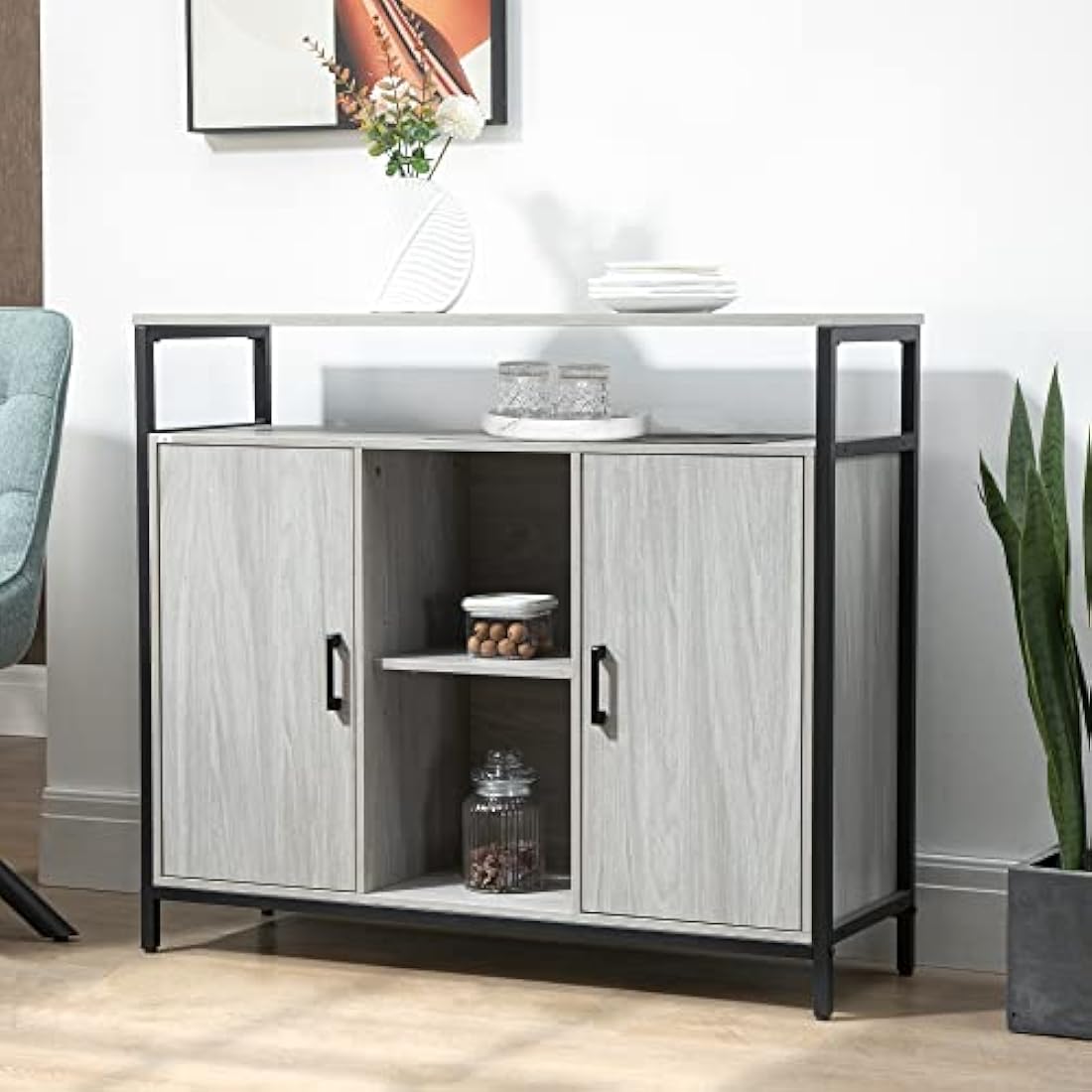 HOMCOM Modern Sideboard, Steel Frame Storage Cabinet with 2 Doors and Adjustable Shelves for Living Room, Hallway, Light Grey