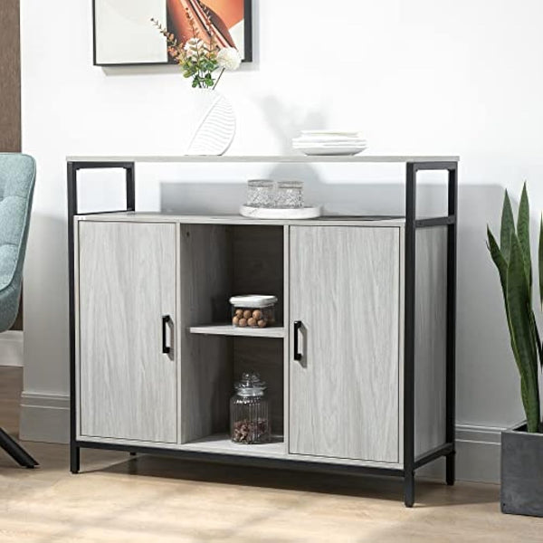 HOMCOM Modern Sideboard, Steel Frame Storage Cabinet with 2 Doors and Adjustable Shelves for Living Room, Hallway, Light Grey