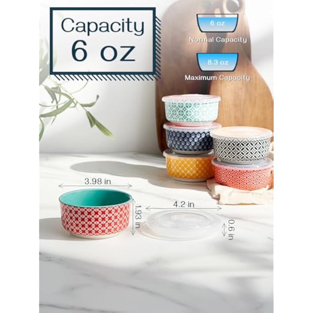 DOWAN Ramekins with Lids, 6 OZ Porcelain Ramekin Dishes for Creme Brulee Soufflé, Egg Mould, Muffin Cases, Mini Dip Bowl, Baking Bowl for Oven & Air Fryer, Vibrant Joy-Pack of 6