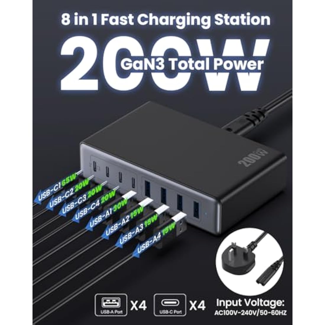 200W USB C Charger Block,GaN III 8-Ports USB C Charging Hub,QC4.0 Fast Phone Charging Station+PD 65W Laptop Charger Compatible with MacBook Pro/Air,DELL,iPhone 16 Pro/15,Galaxy S24/S23,Steam Deck