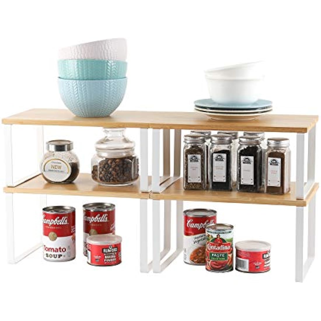 4-Pack Bamboo Kitchen Shelf Organizer for Cabinet, Expandable & Stackable Counter Cupboard Organiser, Storage Rack for Bathroom, Kitchen, Laundry Room White