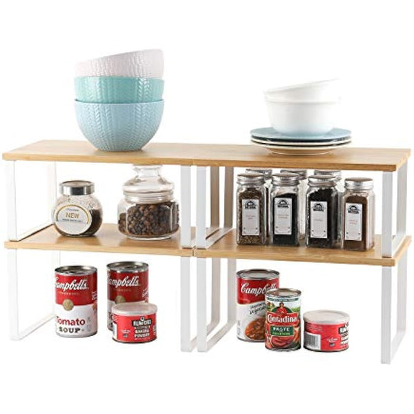 4-Pack Bamboo Kitchen Shelf Organizer for Cabinet, Expandable & Stackable Counter Cupboard Organiser, Storage Rack for Bathroom, Kitchen, Laundry Room White