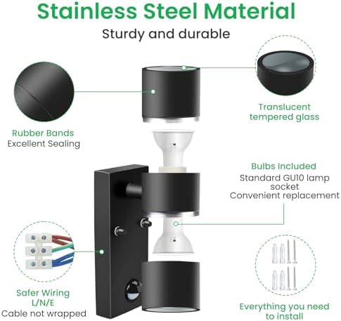 ALUSSO LIGHTING Up Down LED Wall Light PIR Motion Sensor 8W 750LM Stainless Steel Lamp, with GU10 Bulbs 3000K 4000K 6000K Adjustable, Outdoor Security Light IP65 Waterproof for Hallway Porch, Black