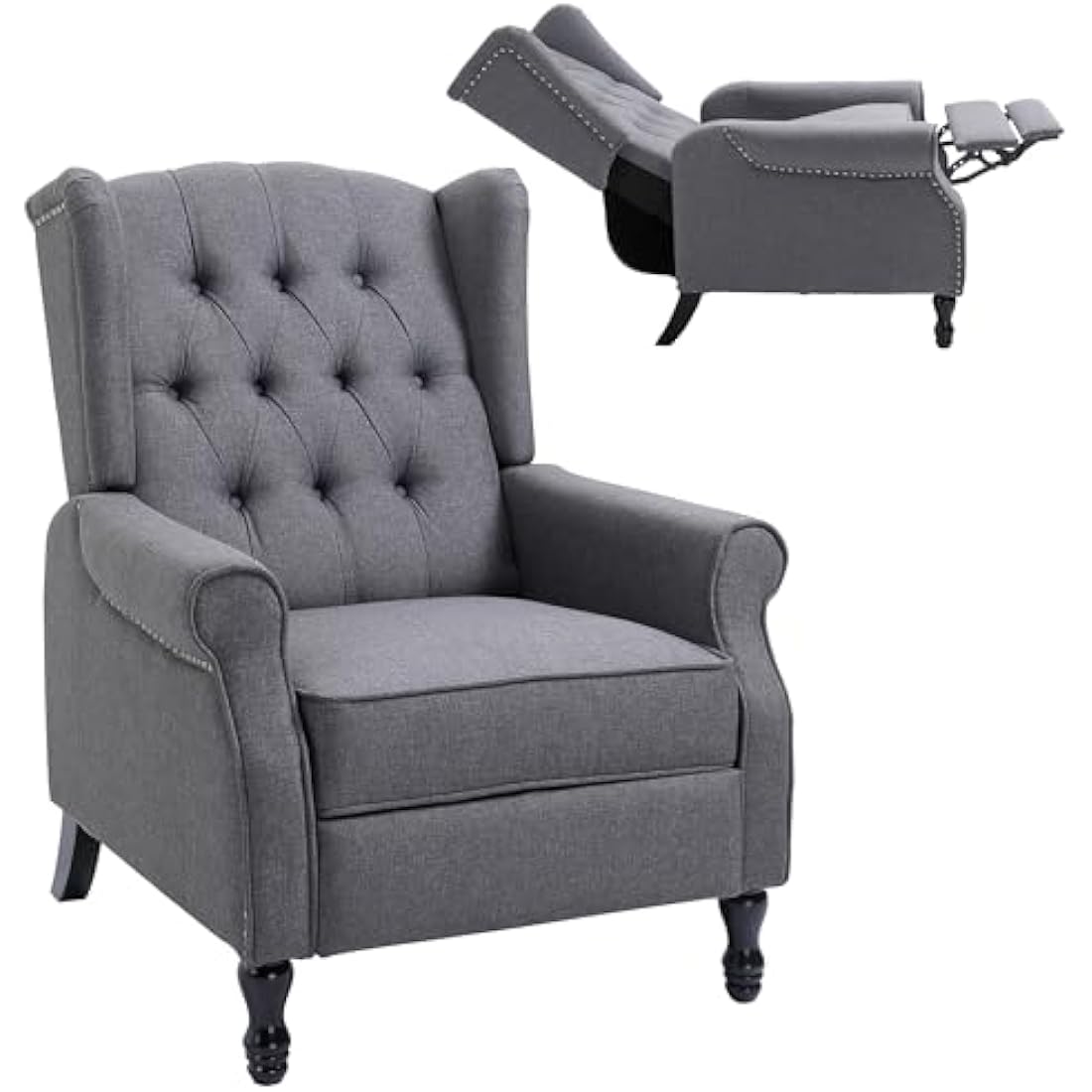 HOMCOM Recliner Armchair, Vintage Reclining Chair with Nail Head Trim, Wingback Chair with Button Tufted Back and Footrest, for Living Room, Light Grey