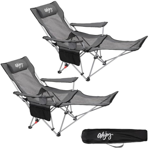 #WEJOY Camping Chairs Folding Recliner Chair Adjustable with Detachable Footrest Headrest Cup Holder Portable Reclining Camp Chair Fold Up Chair for Outdoor Beach Garden,Grey black Set of 2