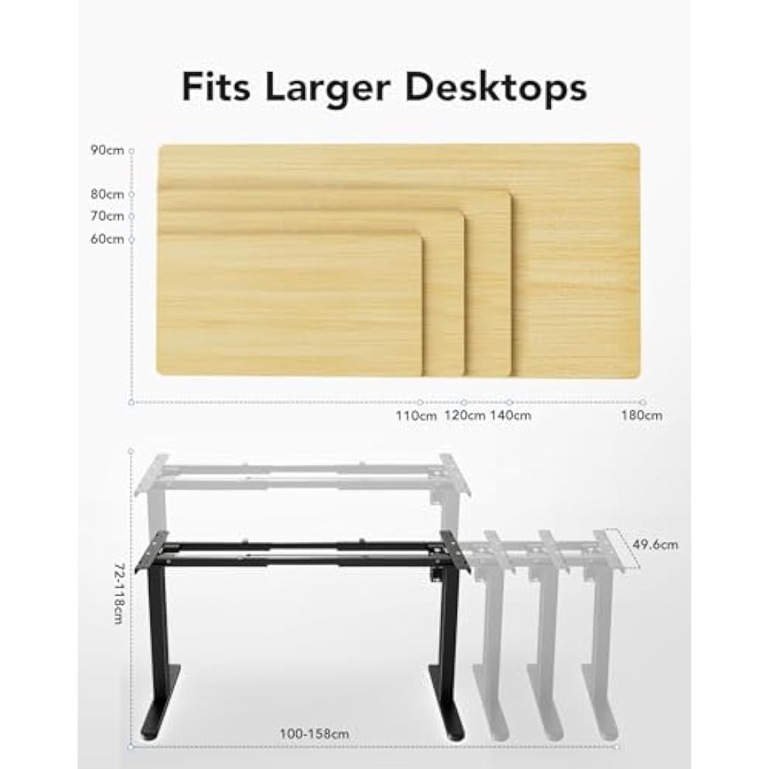 HUANUO Standing Desk Frame with Brushless Motor,100kg Weight Capacity Electric Standing Desk Legs, Height-Adjustable Desk Frame for 110 x 180 cm Desktops, Sit Stand Desk Frame Only