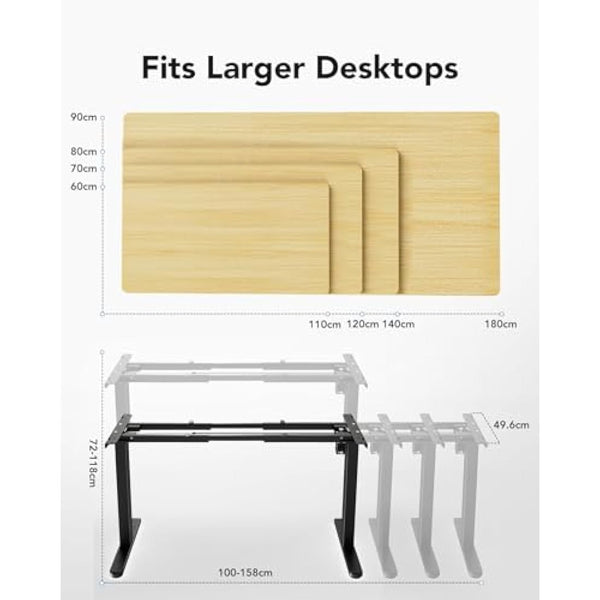 HUANUO Standing Desk Frame with Brushless Motor,100kg Weight Capacity Electric Standing Desk Legs, Height-Adjustable Desk Frame for 110 x 180 cm Desktops, Sit Stand Desk Frame Only