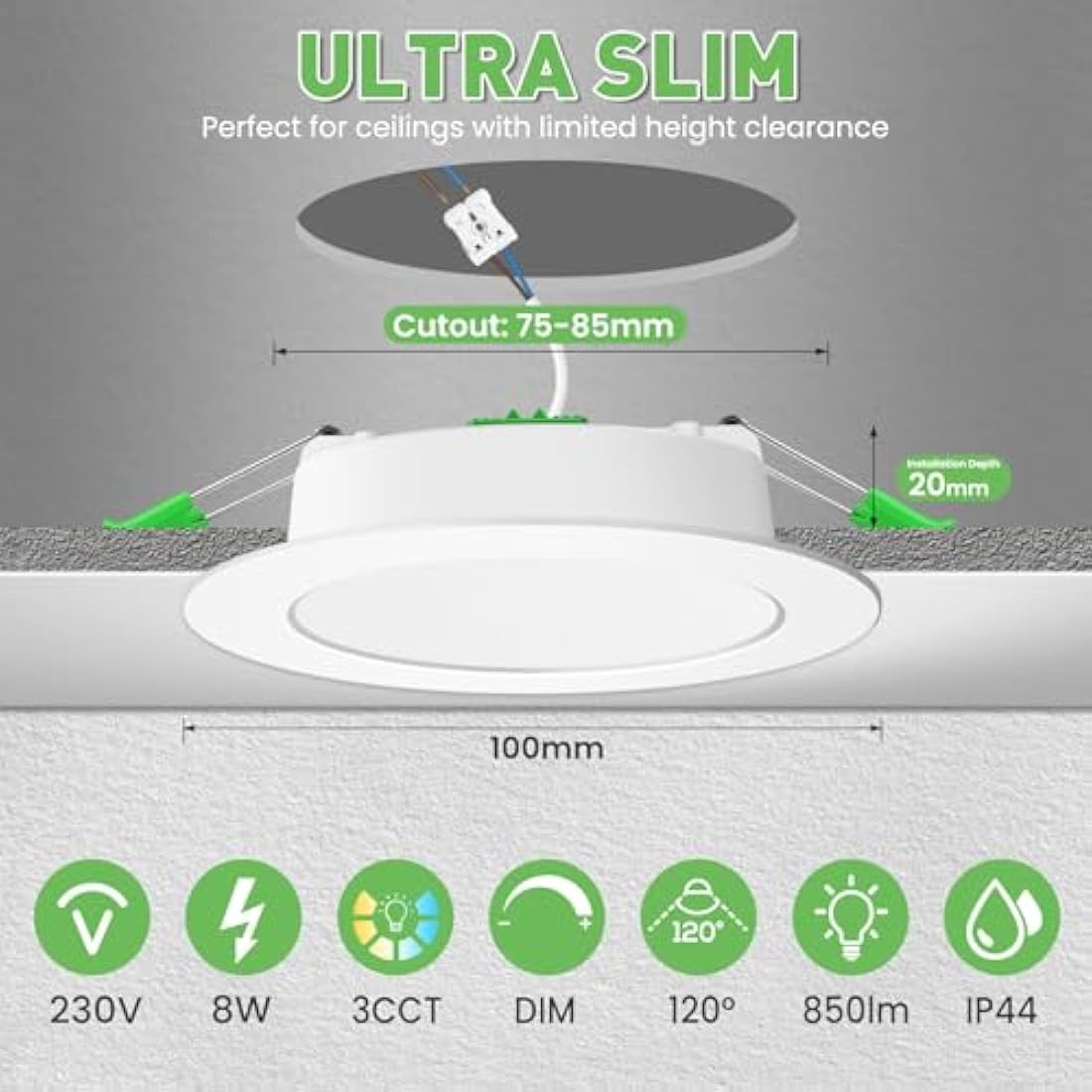 ALUSSO LED Downlights Ceiling Dimmable 8W 850LM IP44 Recessed Ceiling Lights, 3CCT 3000K Warm 4000K Neutral 6500K Cool Adjustable Bathroom Spotlights, White, 6 Pack