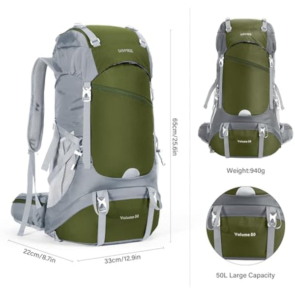 HOMIEE 50L Waterproof Hiking Backpack for Men Women, Lightweight Trekking Backpack with Rain Cover, Large Camping Rucksack for Outdoor Sports Travel Hiking Cycling Climbing Mountaineering