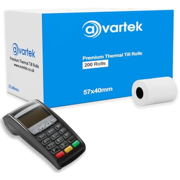 57 x 40mm Premium Thermal Paper Till Receipt Rolls for PDQ Credit Card Machine, POS, EPOS, Card Machines, Barclaycard, Verifone, Ingenico, Sagem, Spire, Pax, Worldpay [Pack of 200] - AVARTEK