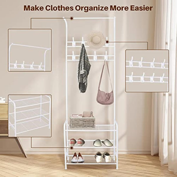 Innotic Coat Rack Stand with Shoe Rack and Removable 16 Hooks Free Standing Hall Tree Matte Steel Frame Hat Rack Coat Stand for Storage, White
