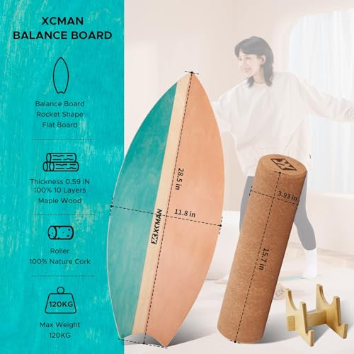 XCMAN Surf Balance Board Trainer with Roller Wooden Exercise Balancing Stability Trainer - Non Slip Surface for Adults |Balance Board