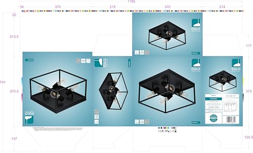 Eglo Silentina 4 Flush Ceiling Light, 4-Flame Industrial Design Living Room, Kitchen or Hallway Lamp, Black Steel Wall Lighting, E27 Socket