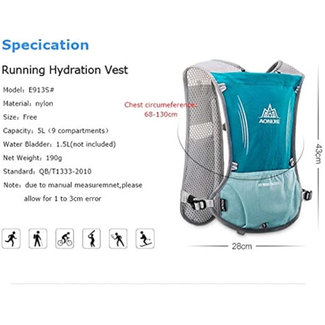 AONIJIE 5L Outdoor Sport Multifunctional Camping Backpack Cycling Running Climbing Hiking Hydration Vest Pack