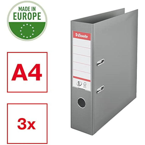 Esselte VIVIDA A4 Lever Arch File, 75 mm Spine, 500 sheets Capacity, PP, Plastic Cover, Files & Folders, Grey, 3 Pack, 624284