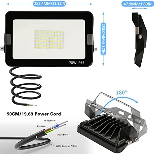 70W 2 Pack Led Flood Light Outdoor 9100LM Outside Security Light IP66 Waterproof 5000K Daylight White CRI >70 130lm/w 5-Year Warranty Super Bright Outdoor Light Garage Stadium House Yard Backyard