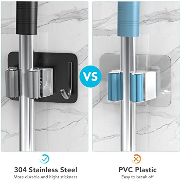 homeasy Mop Broom Holder, 4 Pcs Stainless Steel Self Adhesive Mop Holder Wall Mounted with Hooks Hanger Self-Adhesive Broom Holder for Bathroom, Kitchen, Office, Closet, Garden Garage(Black Mix)