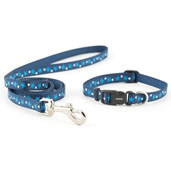 Ancol Small Bite Stars Collar and Lead Set Blue Adjustable Design for Puppies and Small Dogs - 1m Lead with Soft Webbing - 20-30cm