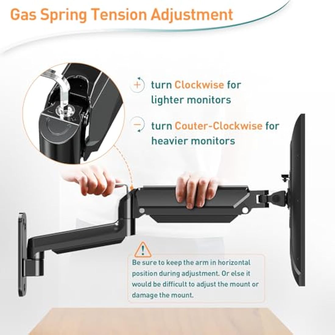 ELIVED Wall Mount Gas Spring Arm for 13-32 Inch PC Monitors With VESA 75x75 / 100x100mm up to 9KG, Tilt Swivel Rotate Single Arm, Height Adjustable Wall Bracket EV023