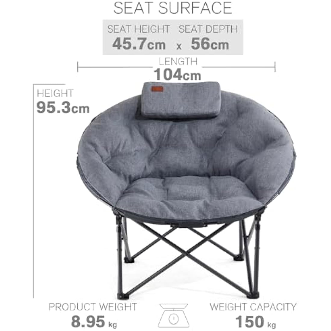 EVER ADVANCED XL Moon Chair for Adults 6cm Padded Garden Saucer Chair, Heavy Duty Camping Foldable Folding Camping with High Back, Super Wide Round Seats for heavy people, supports 150KG Light grey