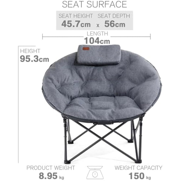 EVER ADVANCED XL Moon Chair for Adults 6cm Padded Garden Saucer Chair, Heavy Duty Camping Foldable Folding Camping with High Back, Super Wide Round Seats for heavy people, supports 150KG Light grey