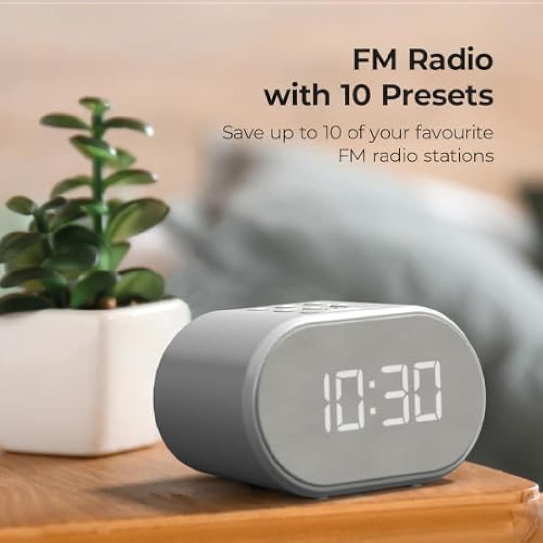 i-box Alarm Clocks Bedside, Radio Alarm Clock, Mains Powered or Battery, FM Radio, USB Charging Port, 5 Step Dimmable Display, Non Ticking, LED Display (Grey)