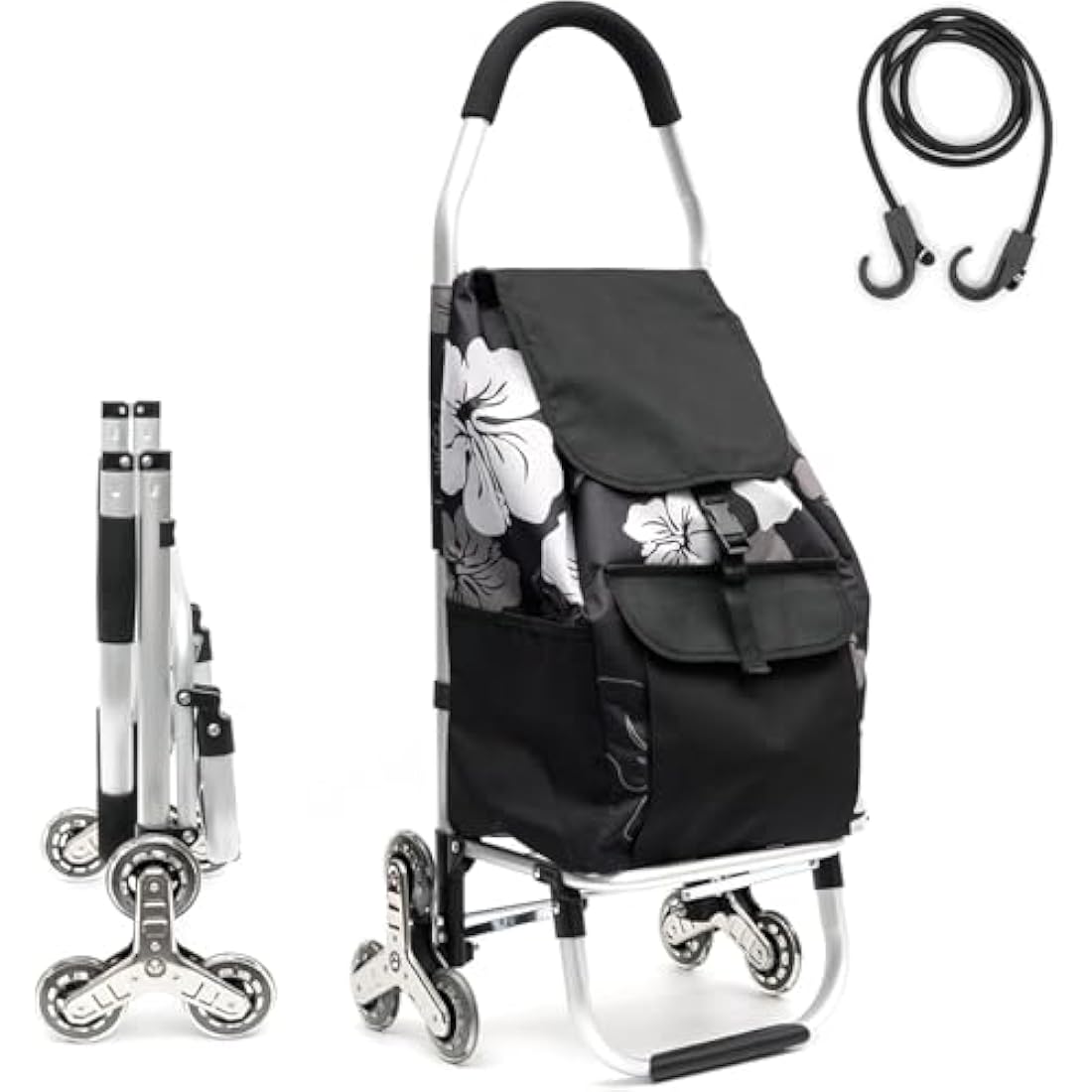 Folding Shopping Trolley 6 Wheels Stair Climber Cart with Removable Bag and Adjustable Elastic Cord 2 Extra Pockets Utility Trolley maximum capacity 50kg 45L (Flower)