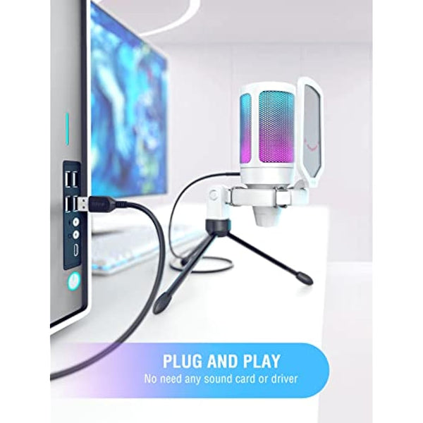 FIFINE USB Microphone for Gaming Streaming, PC Computer Desktop RGB Mic with Condenser Cardioid Capsule, Gain Knob, Shock Mount, Stand for Home Use, Online Meeting on Mac OS, Windows-A6V White