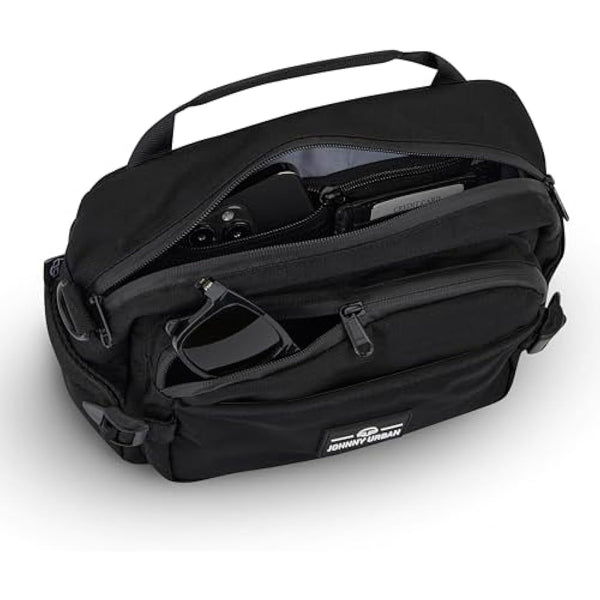 Johnny Urban Bum Bag Black - Travis - Large Waist Bag for Travel Hiking Outdoor - Breathable Airmesh & Adjustable Strap - Many Pockets with Zippers - Accessory Add On for Backpack