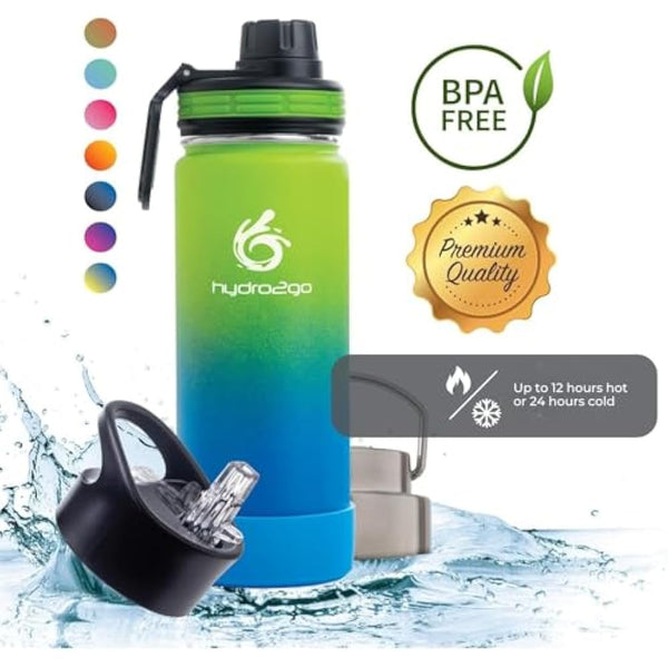 hydro2go Stainless Steel Water Bottle – BPA-Free Bottle for Kids, School, Sports & Outdoor – Keeps Drinks Hot for up to 12H and Cold for up to 24H – Includes 3 Drinking Caps – 530ml (Earth)
