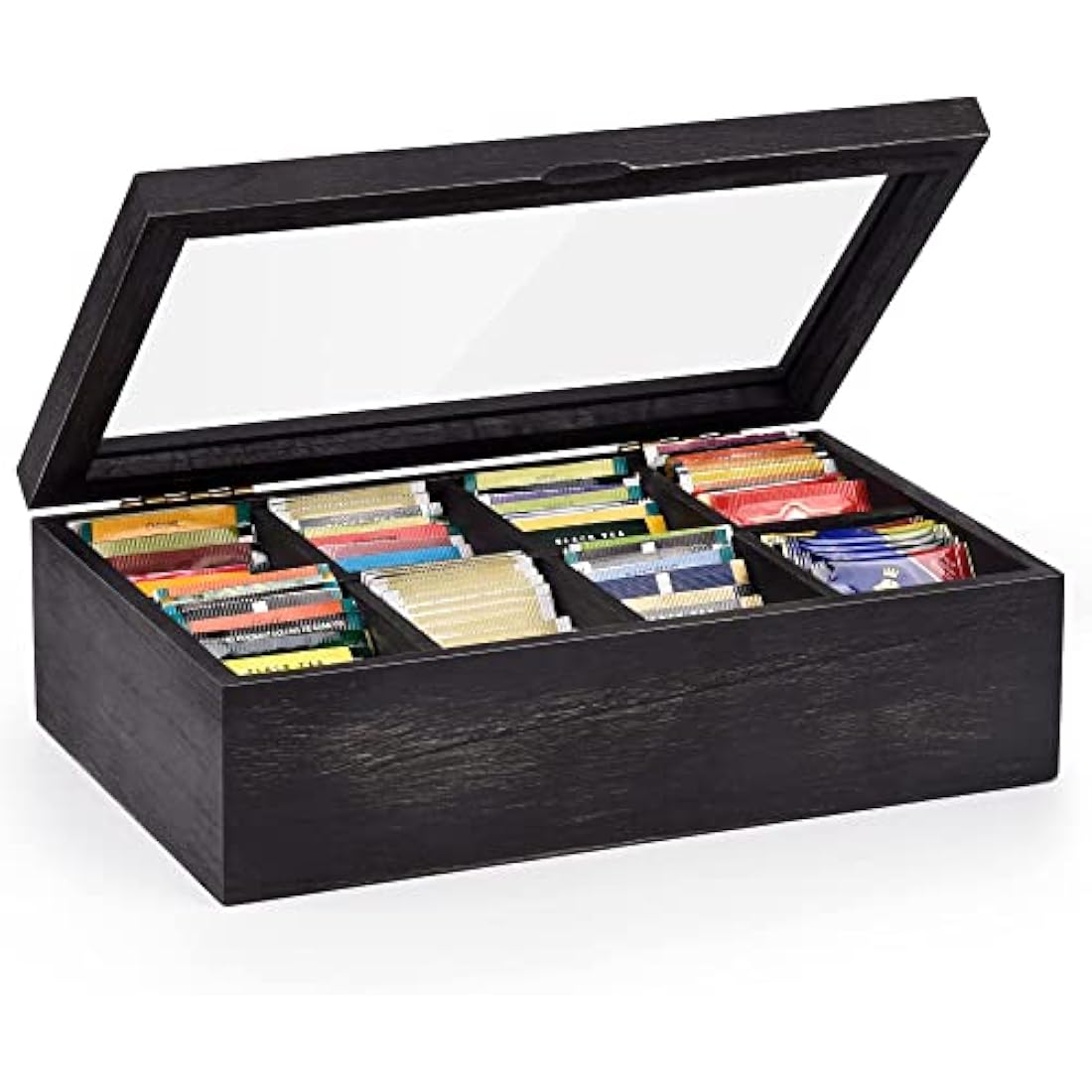 Alsonerbay Tea Box Organiser, Wooden Kitchen Tea Bag Storage Box for Organizing Spice Pouches and Sugar Packets with 8 Compartments and Clear Glass Cover Weathered Black